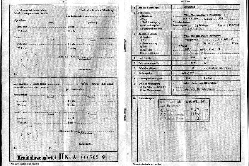 MZ BK 350, Baujahr 1957 - Fahrzeugbrief S. 6 und 7